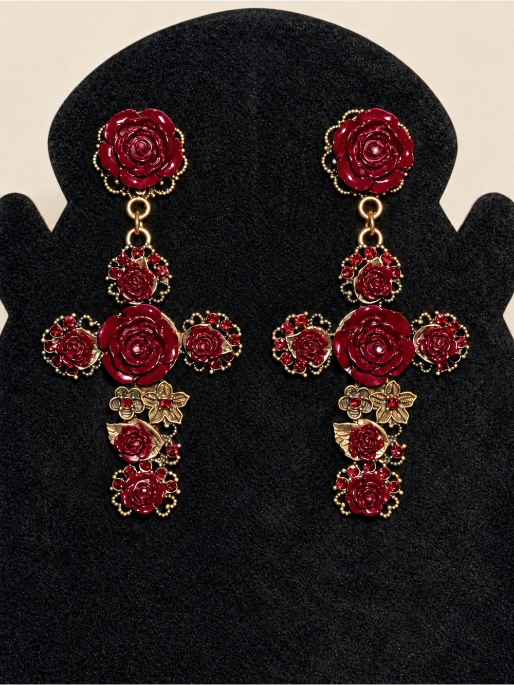 Red Rose Baroque Cross Statement Earrings